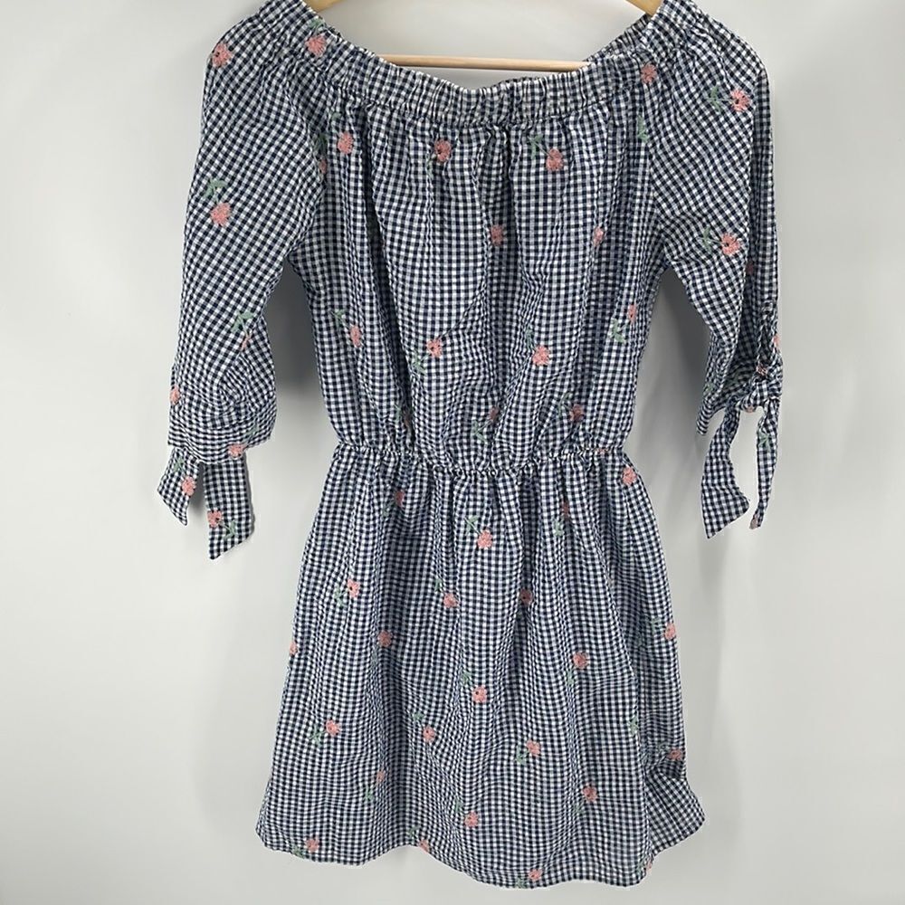 Le Lis blue gingham checkered floral flower embroidery off shoulder mini dress S